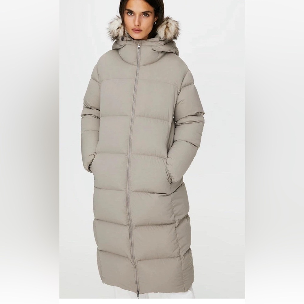 Babaton Long Puffer Coat with Faux Fur Trim - Light Taupe